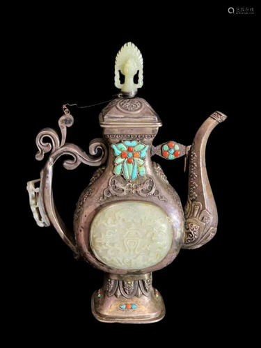 Qing Tibetan Silver and Jade Wine Pot