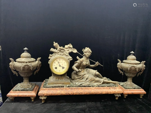 Bronze Statues & Clock W 2 Bronze Jars