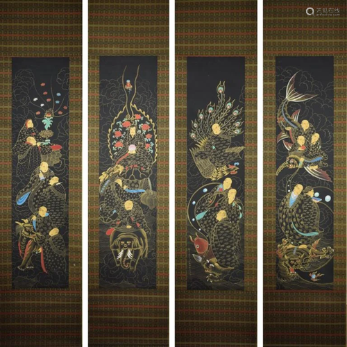 4 Chinese 18 Arhats Scrolls, Ding Guanpeng M…