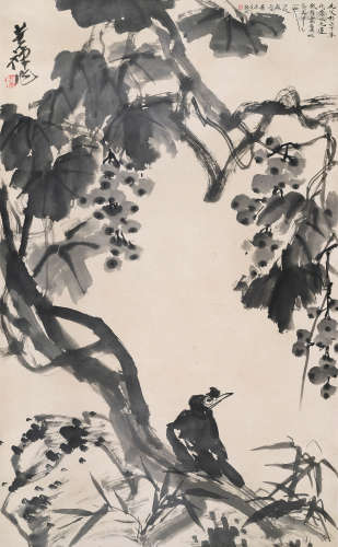 李苦禅（1899～1983） 葡萄八哥图 立轴 水墨纸本