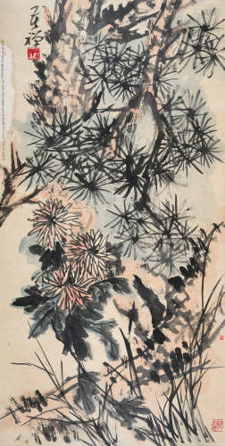 李苦禅（1899～1983） 松菊图 立轴 设色纸本