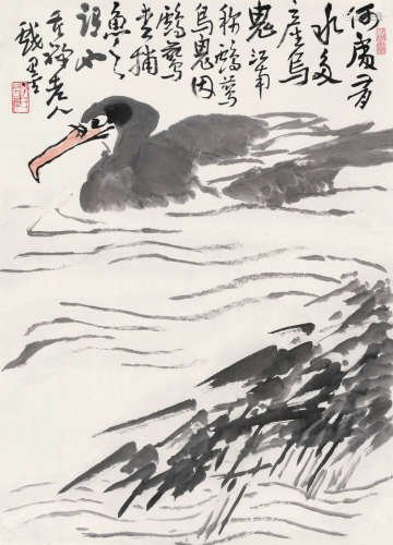 李苦禅（1899～1983） 游鱼鹰 立轴 设色纸本