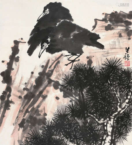 李苦禅（1899～1983） 松鸦图 立轴 设色纸本