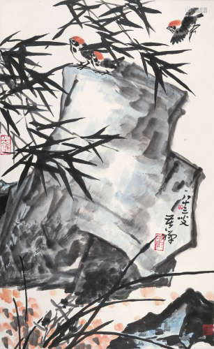 李苦禅（1899～1983） 竹林飞雀 立轴 设色纸本