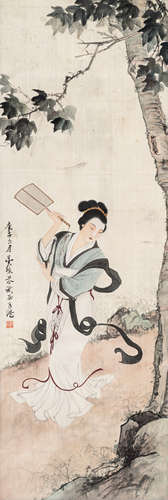 邓芬（1894～1964） 桐荫仕女 立轴 设色绢本