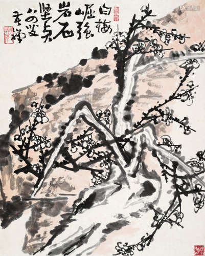 李苦禅（1899～1983） 白梅岩石 立轴 设色纸本