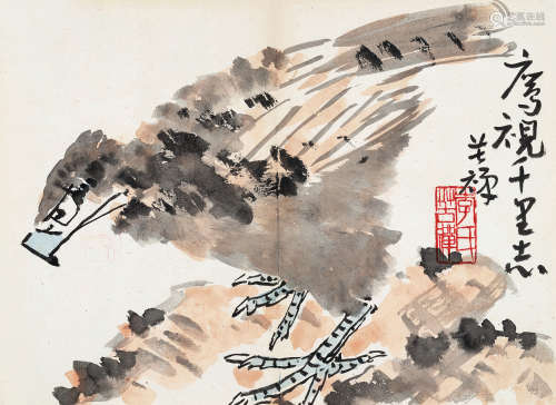 李苦禅（1899～1983） 鹰视千里志 镜心 设色纸本