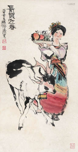程十发（1921～2007） 长乐迎春 镜心 设色纸本