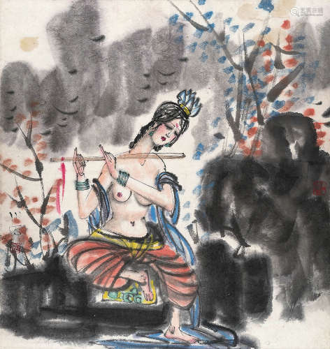 傅小石（1932～2016） 吹笛仕女 立轴 设色纸本