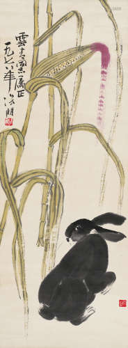 张朋（1918～2009） 黑兔玉米 立轴 设色纸本