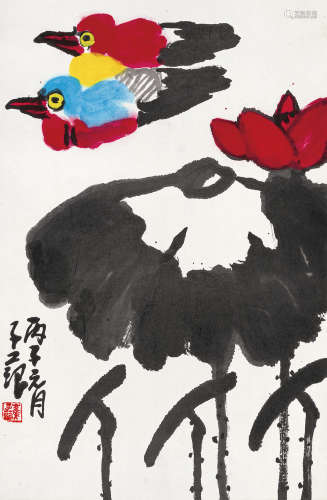 崔子范（1915～2011） 红荷鸳鸯 镜心 设色纸本