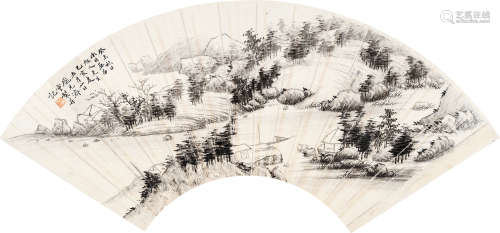 庞元济（1864～1949） 秋江闲棹 扇心 水墨纸本