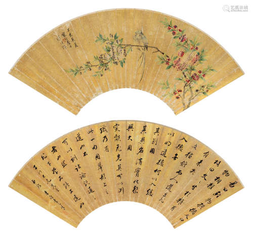 江寒汀（1903～1963） 桃花小鸟 扇心 设色泥金纸本