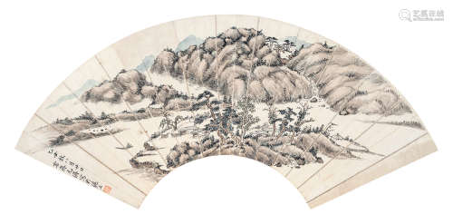庞元济（1864～1949） 泛舟图 扇心 设色纸本