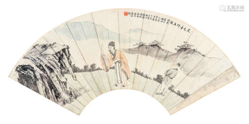杨蕴晖（1875～1909） 米元章拜石 扇心 设色纸本