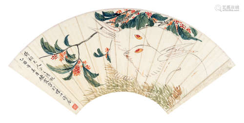 周炼霞（1908～2000） 双兔 扇心 设色纸本