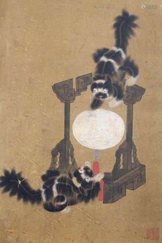 Chine fin XIXe Le jeu des chats trois peintures su…