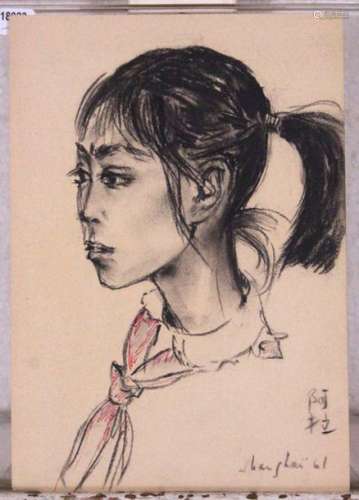 ECOLE XXe BAJ FO (?) Portrait de jeune fille Fusai…