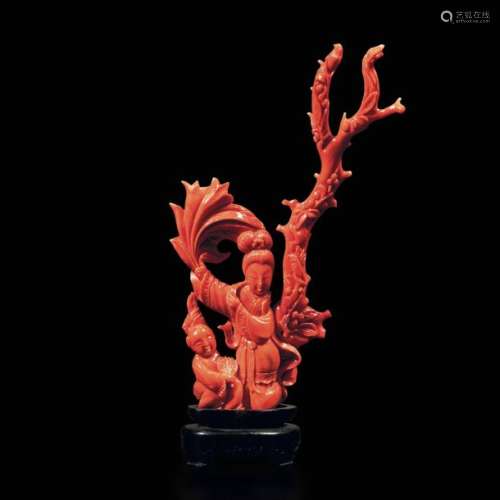 A Carved Red Coral Group, Chin…