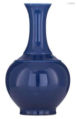 A Chinese monochrome blue glazed bottle vase, with…