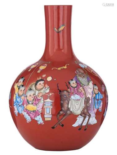 A Chinese famille rose on coral red ground bottle …