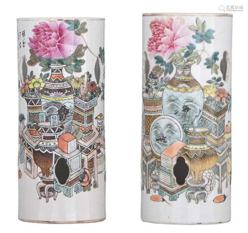 Two Chinese Qianjiang cai hat stands, decorated wi…