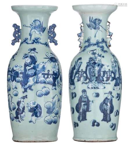 Two Chinese blue and white on celadon ground vases…