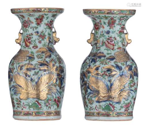 A pair of Chinese Canton famille rose on celadon g…