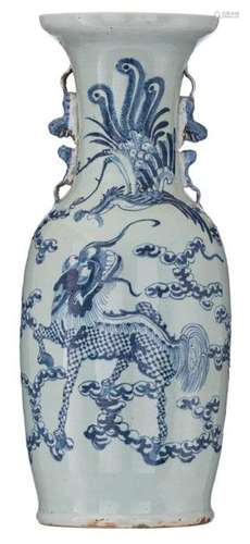 A Chinese celadon ground blue decorated vase, the …