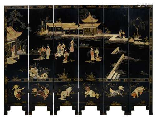 A Chinese black lacquered hardstone inlaid six pan…