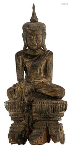 A Burmese black lacquered seated Buddha in 'Bhumis…