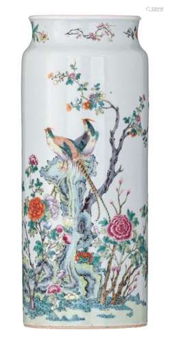 A Chinese famille rose cylindrical vase, decorated…