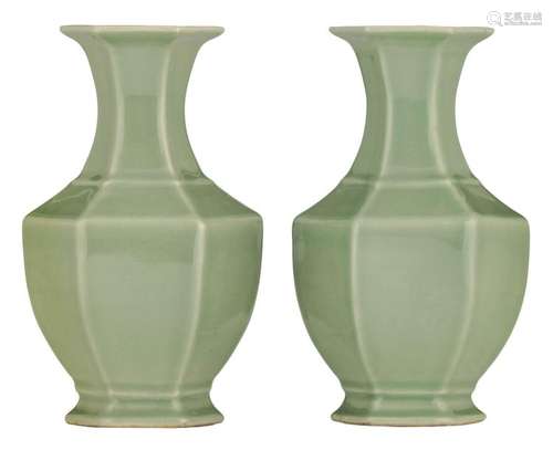 A pair of Chinese hexagonal celadon glazed vases, …