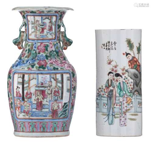 A Chinese polychrome decorated cylindrical vase, d…