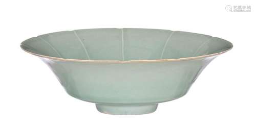 A Chinese celadon glazed lotus leaf bowl, incised …