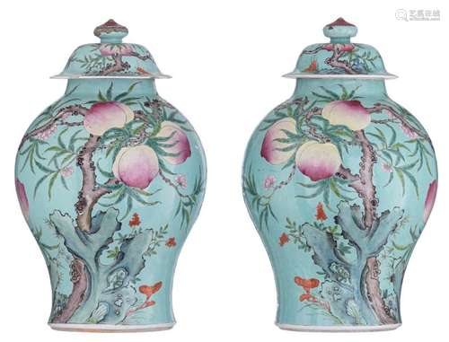 A pair of turquoise ground covered vases, famille …