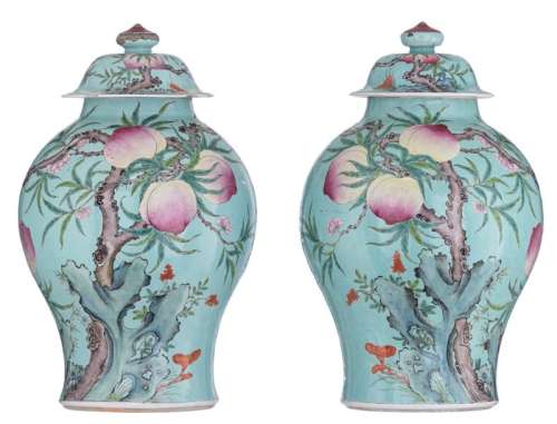 A pair of turquoise ground covered vases, famille …