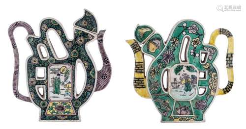 Two Chinese famille verte biscuit 'Puzzle' teapots…