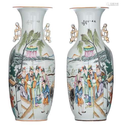 A pair of Chinese polychrome vases, decorated with…