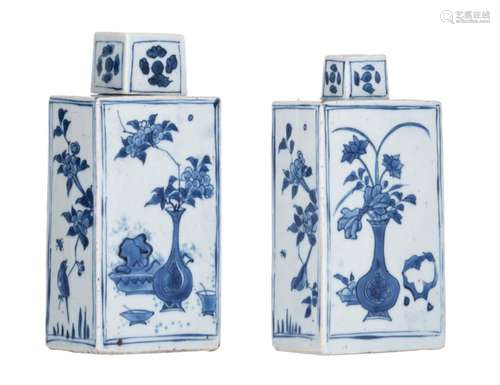 A pair of Chinese blue and white tea caddies, deco…