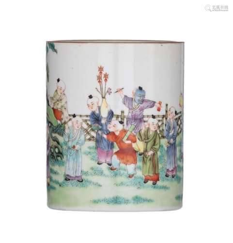 A Chinese yangcai brush pot, all around decorated …