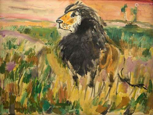 Sadji 'Sha Qi', lion in the savanna, oil on canvas…