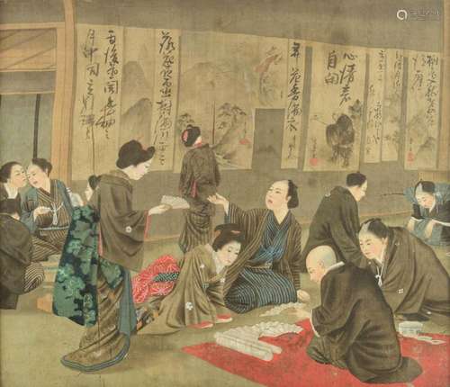 A Japanese Meiji period gouache on textile, depict…