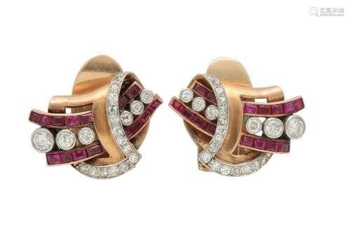 A pair of ruby and diamond earclips, circa 1940