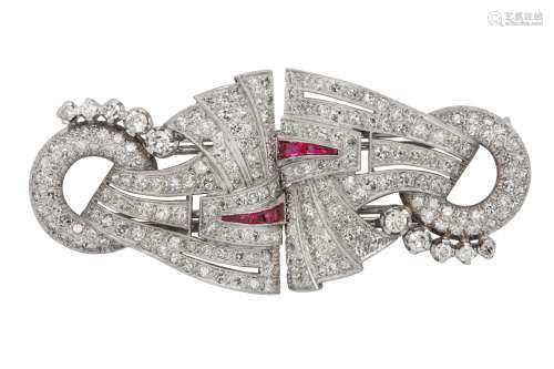 A ruby and diamond double-clip brooch