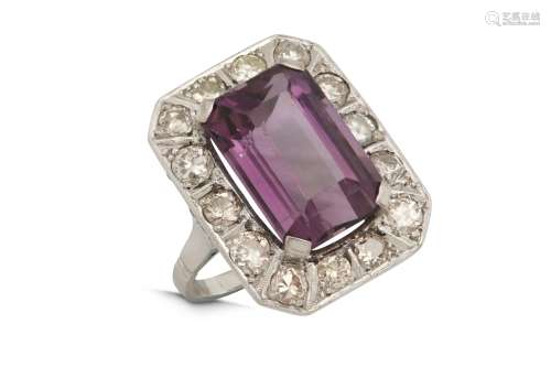 An amethyst and diamond plaque ring