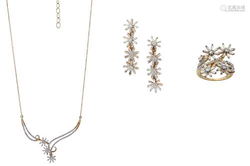 A gold and diamond necklace, ring and earring suite