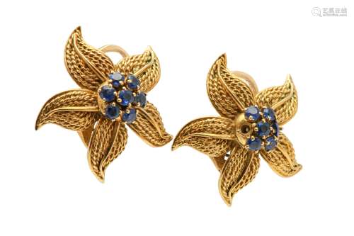 Verger Frères | A pair of sapphire flower earclips, circa 1960