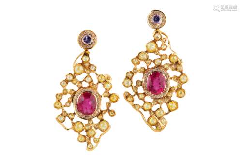 A pair of gem-set and diamond pendent earrings
