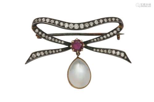 A diamond and moonstone brooch, early 20th century